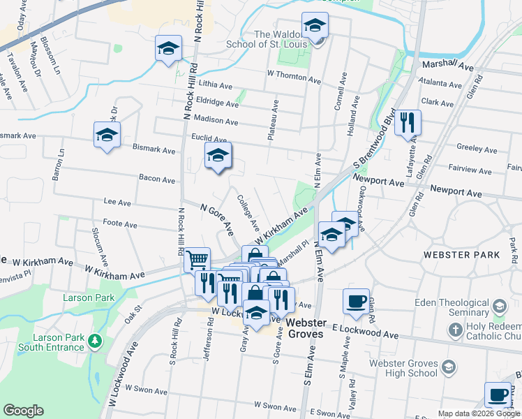 map of restaurants, bars, coffee shops, grocery stores, and more near 136 Thompson Place in Webster Groves