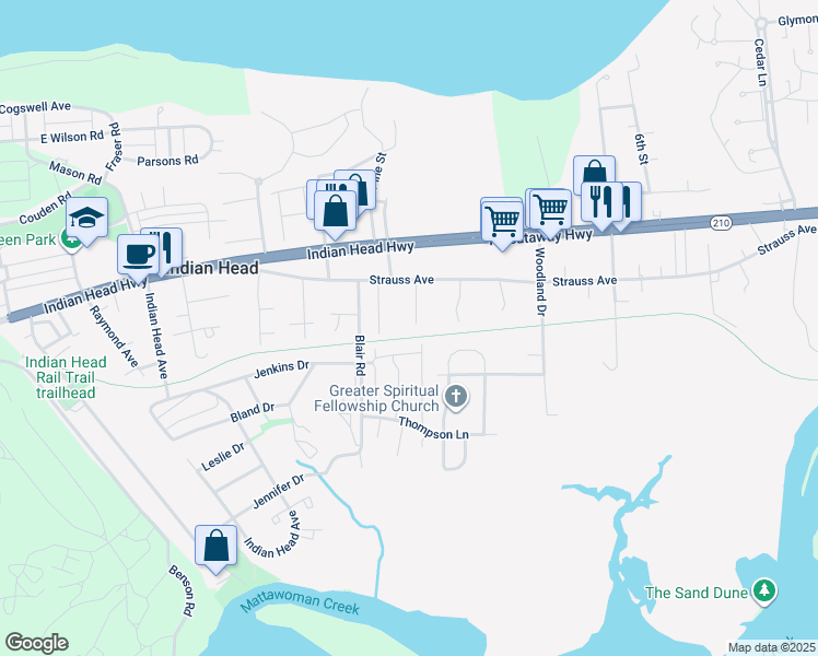 map of restaurants, bars, coffee shops, grocery stores, and more near 136 Charles Place in Indian Head