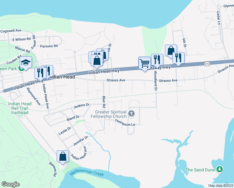 map of restaurants, bars, coffee shops, grocery stores, and more near 136 Charles Place in Indian Head