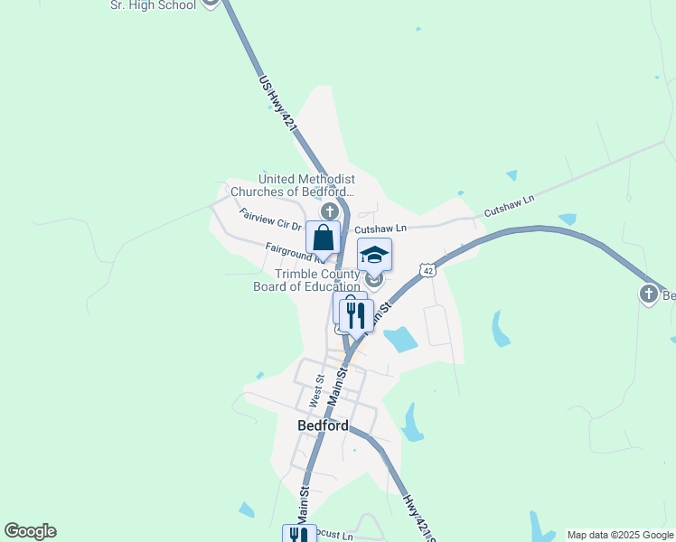 map of restaurants, bars, coffee shops, grocery stores, and more near US Highway 421 in Bedford