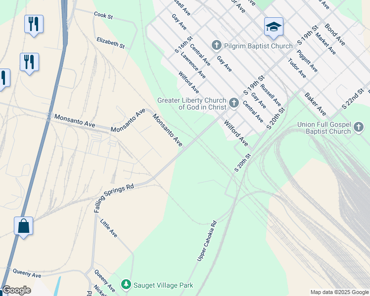 map of restaurants, bars, coffee shops, grocery stores, and more near 501 Monsanto Avenue in Sauget