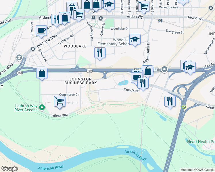map of restaurants, bars, coffee shops, grocery stores, and more near 1501 Expo Parkway in Sacramento