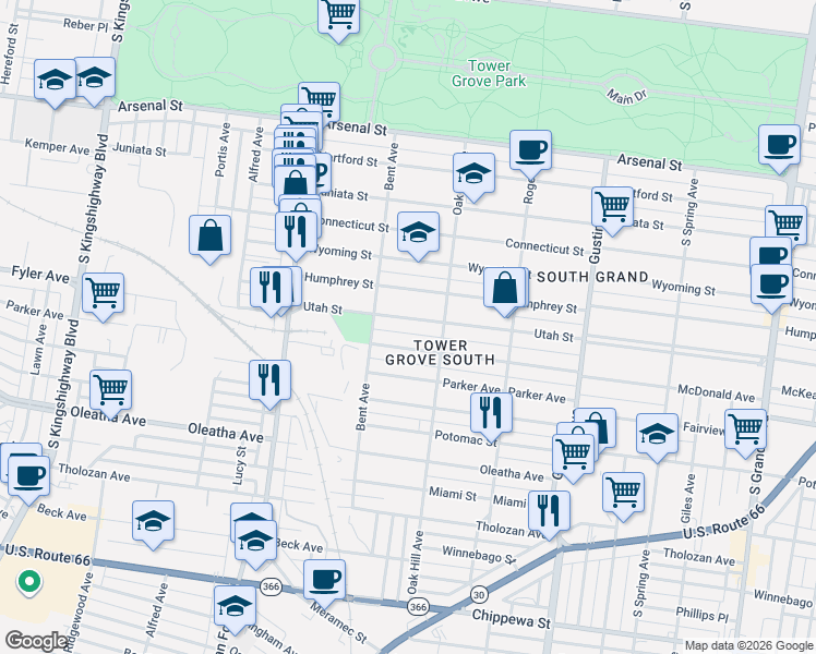 map of restaurants, bars, coffee shops, grocery stores, and more near 4153 McDonald Avenue in St. Louis