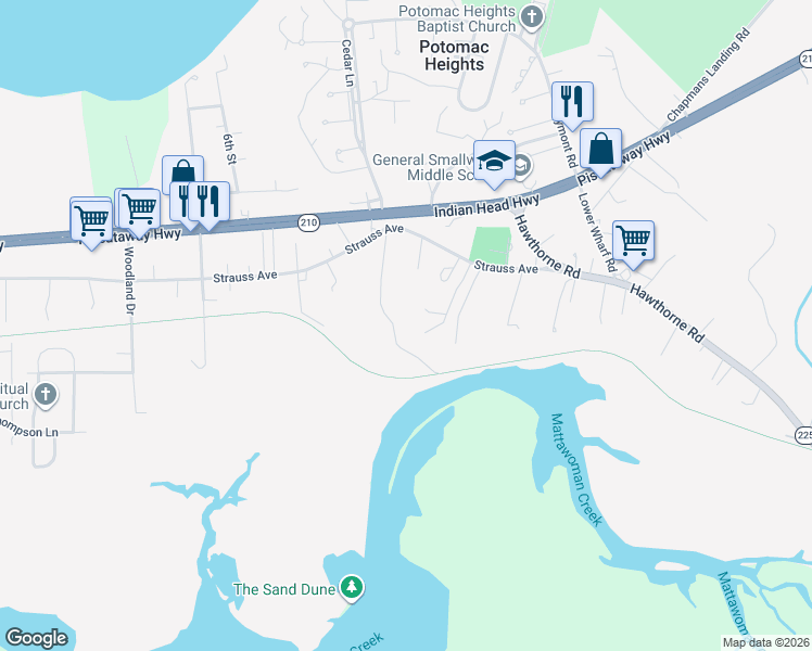 map of restaurants, bars, coffee shops, grocery stores, and more near 4150 Parker Harley Place in Indian Head