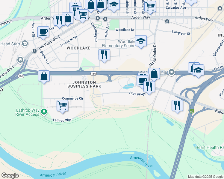 map of restaurants, bars, coffee shops, grocery stores, and more near 1500 Expo Pkwy in Sacramento