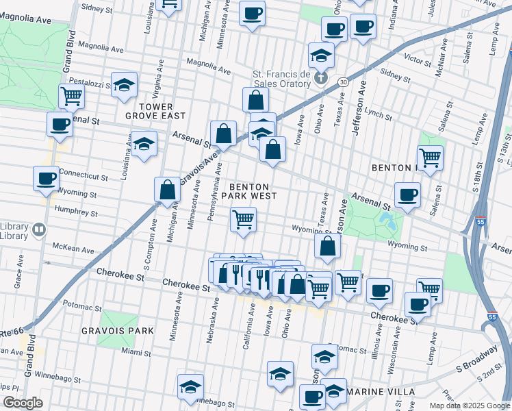 map of restaurants, bars, coffee shops, grocery stores, and more near 3171 California Avenue in St. Louis