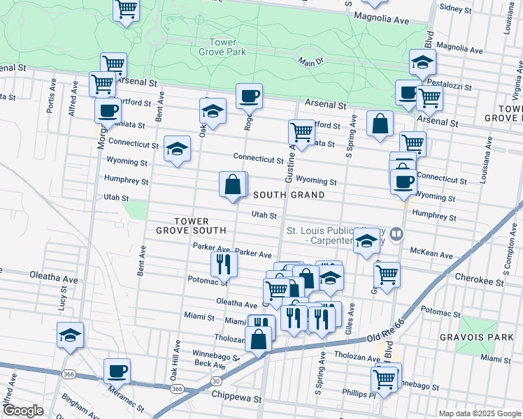 map of restaurants, bars, coffee shops, grocery stores, and more near 3940 Utah Street in St. Louis