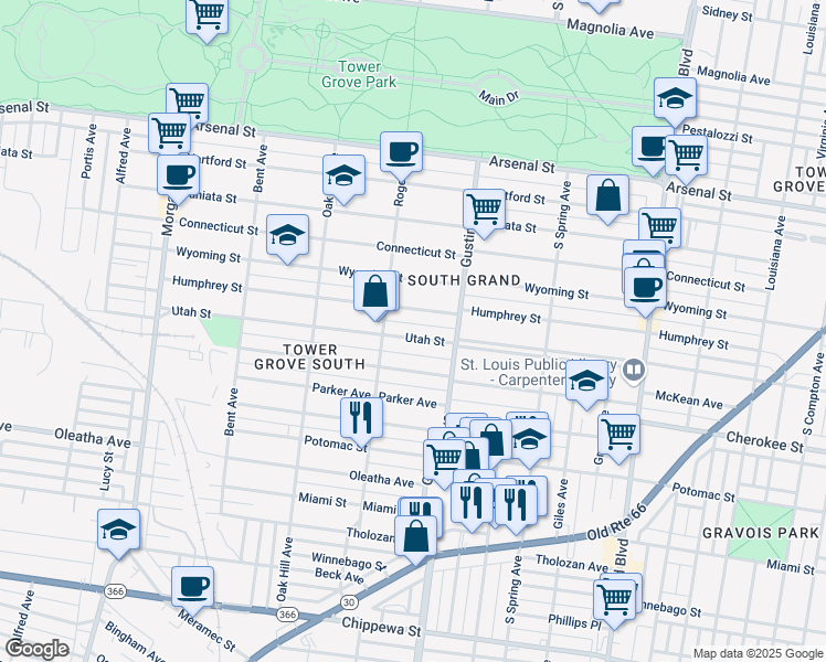 map of restaurants, bars, coffee shops, grocery stores, and more near 3940 Utah Street in St. Louis