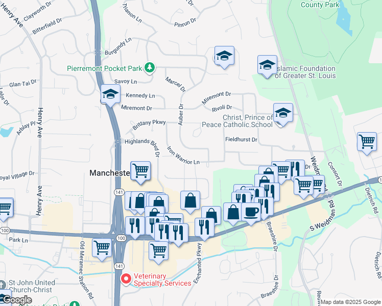 map of restaurants, bars, coffee shops, grocery stores, and more near 1205 Iron Warrior Lane in Ballwin