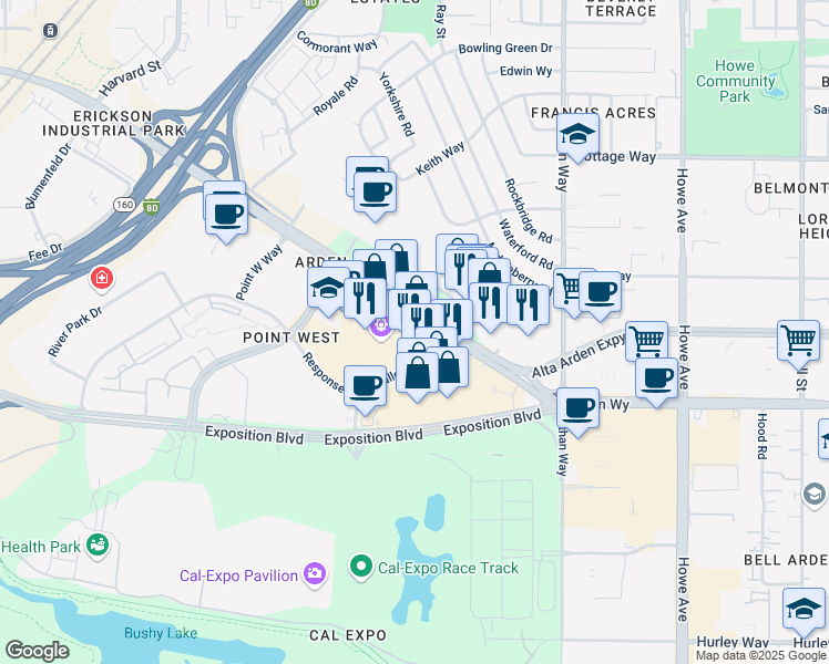map of restaurants, bars, coffee shops, grocery stores, and more near 1800 Arden Way in Sacramento