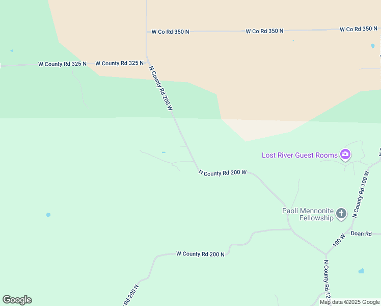 map of restaurants, bars, coffee shops, grocery stores, and more near 2506 North County Road 200 West in Paoli