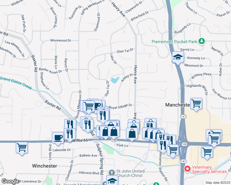 map of restaurants, bars, coffee shops, grocery stores, and more near 558 Arblay Place in Manchester