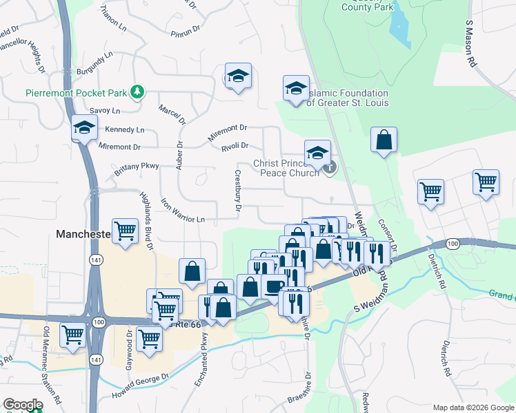 map of restaurants, bars, coffee shops, grocery stores, and more near Blairshire Drive in Ballwin