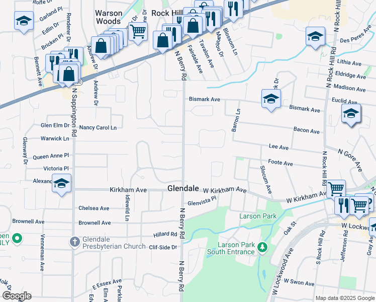 map of restaurants, bars, coffee shops, grocery stores, and more near 1080 North Berry Road in St. Louis