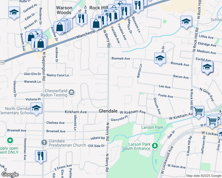 map of restaurants, bars, coffee shops, grocery stores, and more near 1080 North Berry Road in St. Louis