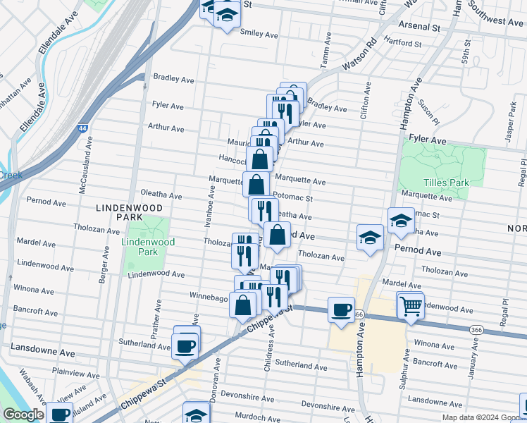 map of restaurants, bars, coffee shops, grocery stores, and more near Watson Rd & Oleatha Ave in St Louis