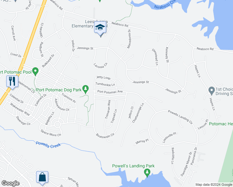 map of restaurants, bars, coffee shops, grocery stores, and more near 2161 Port Potomac Avenue in Woodbridge