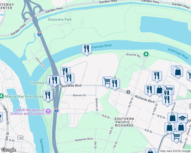 map of restaurants, bars, coffee shops, grocery stores, and more near 421 Richards Boulevard in Sacramento