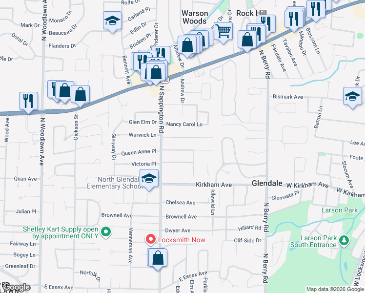map of restaurants, bars, coffee shops, grocery stores, and more near 988 Glenmoor Lane in St. Louis