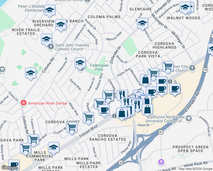 map of restaurants, bars, coffee shops, grocery stores, and more near 10628 Chianti Court in Rancho Cordova
