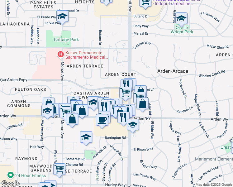 map of restaurants, bars, coffee shops, grocery stores, and more near 3419 Arden Way in Sacramento