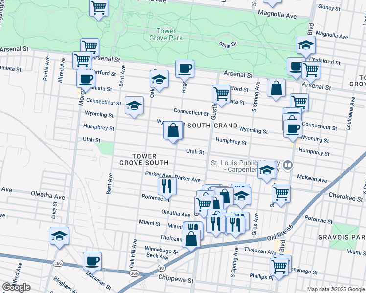 map of restaurants, bars, coffee shops, grocery stores, and more near 3940 Utah Street in St. Louis