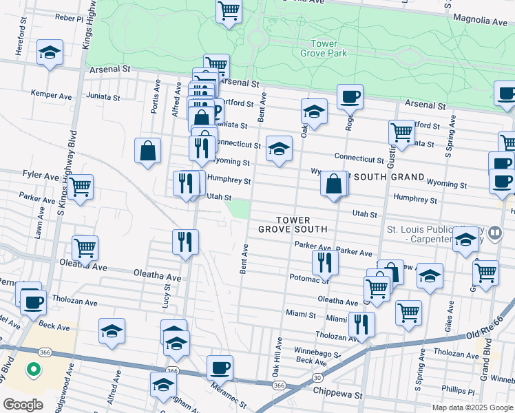 map of restaurants, bars, coffee shops, grocery stores, and more near 4153 McDonald Avenue in St. Louis