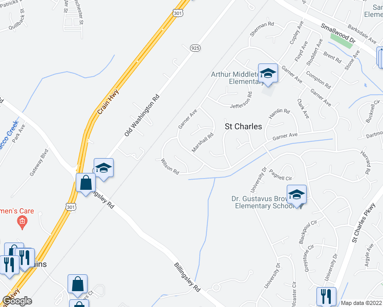 map of restaurants, bars, coffee shops, grocery stores, and more near Garner Ave & Marshall Rd in Charles