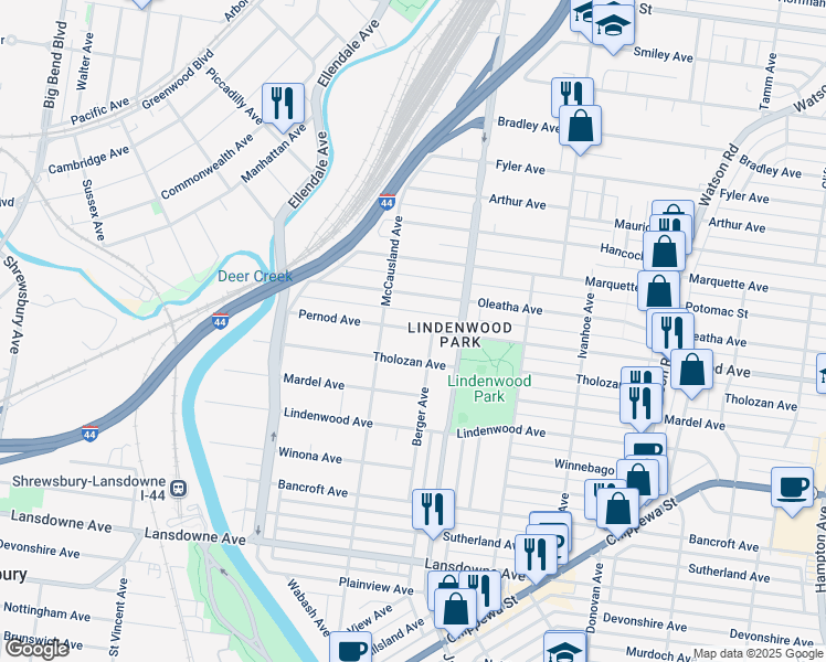 map of restaurants, bars, coffee shops, grocery stores, and more near 6950 Pernod Ave in St Louis