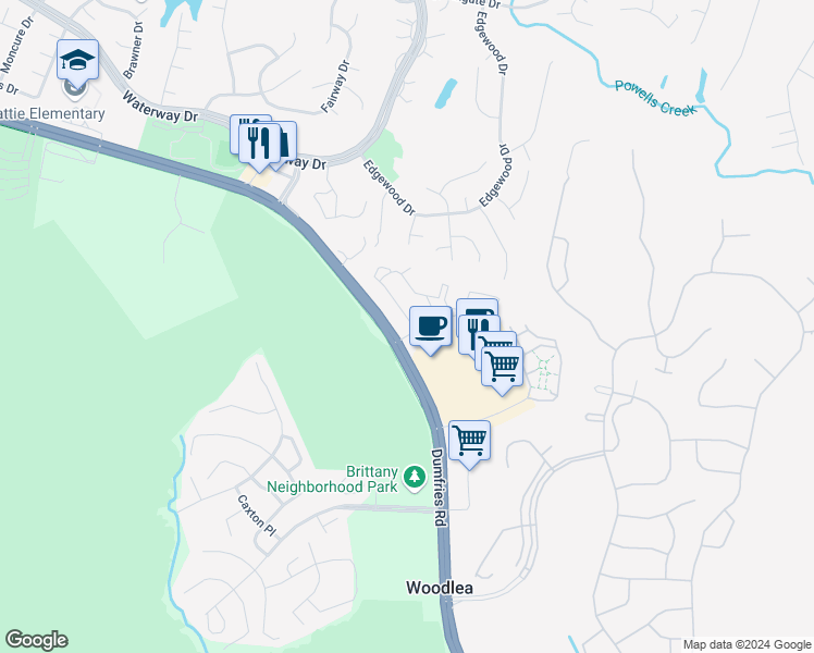 map of restaurants, bars, coffee shops, grocery stores, and more near 16350 Taconic Circle in Dumfries