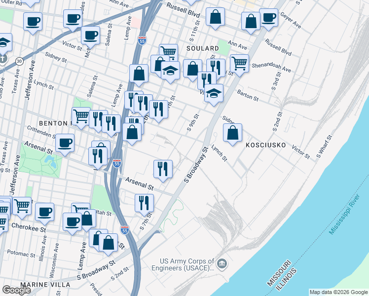 map of restaurants, bars, coffee shops, grocery stores, and more near 1 Busch Place in St. Louis