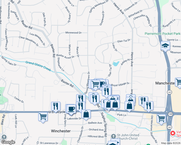 map of restaurants, bars, coffee shops, grocery stores, and more near 402 Spring Meadows Drive in Ballwin