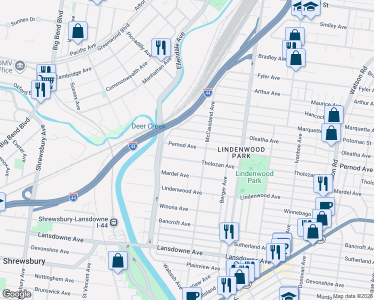 map of restaurants, bars, coffee shops, grocery stores, and more near 7053 Tholozan Avenue in St. Louis
