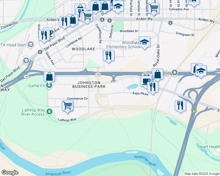 map of restaurants, bars, coffee shops, grocery stores, and more near 1445 Expo Parkway in Sacramento