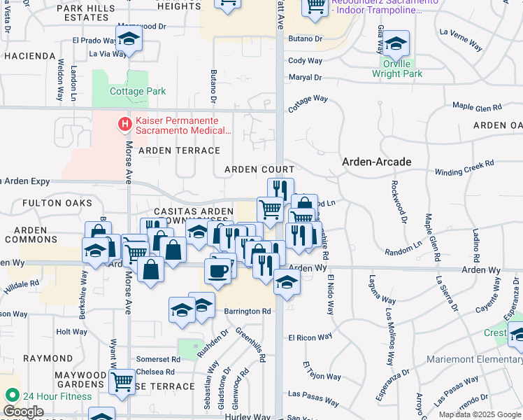 map of restaurants, bars, coffee shops, grocery stores, and more near 3419 Arden Way in Sacramento