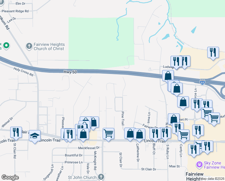 map of restaurants, bars, coffee shops, grocery stores, and more near 301 Roselawn Lane in Fairview Heights