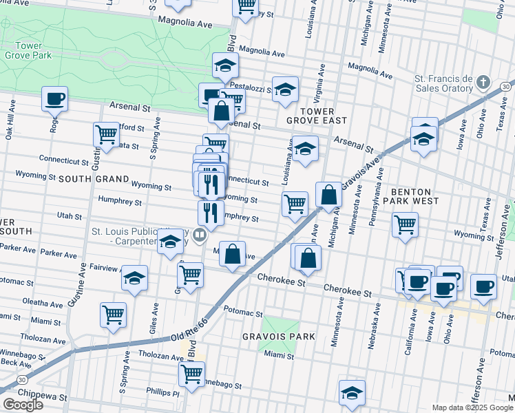 map of restaurants, bars, coffee shops, grocery stores, and more near 3437 Humphrey Street in St. Louis