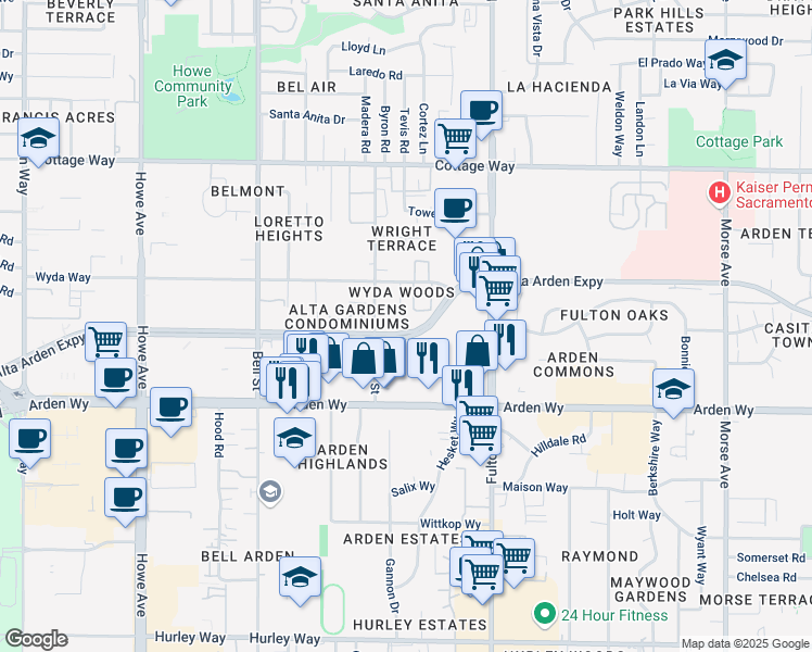 map of restaurants, bars, coffee shops, grocery stores, and more near 1730 Jerron Place in Sacramento