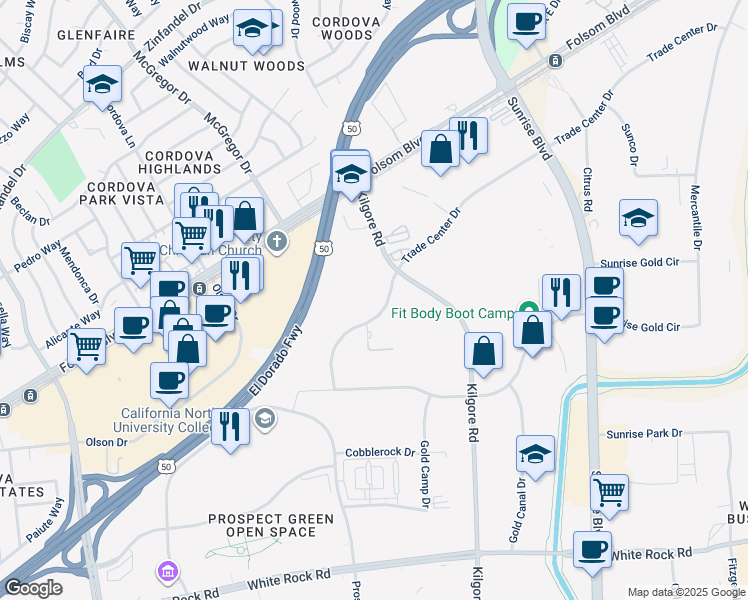 map of restaurants, bars, coffee shops, grocery stores, and more near 11037 Trade Center Drive in Rancho Cordova
