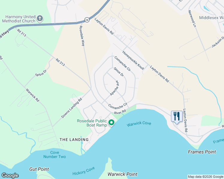 map of restaurants, bars, coffee shops, grocery stores, and more near 16 Apache Avenue in Millsboro