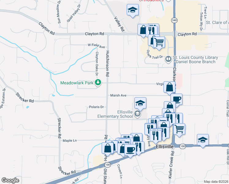 map of restaurants, bars, coffee shops, grocery stores, and more near 1442 Marsh Avenue in Ellisville