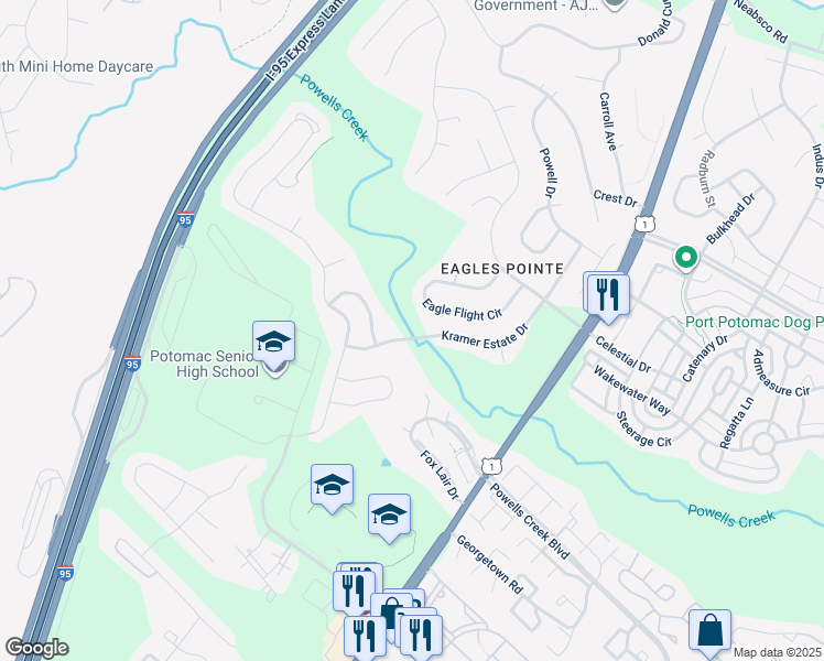 map of restaurants, bars, coffee shops, grocery stores, and more near 16468 Kramer Estate Drive in Woodbridge