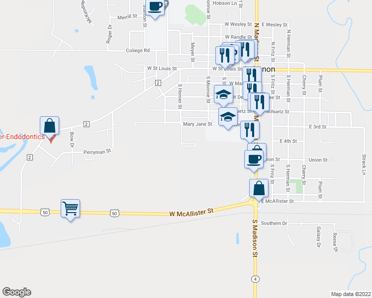 map of restaurants, bars, coffee shops, grocery stores, and more near 600 South Horner Street in Lebanon