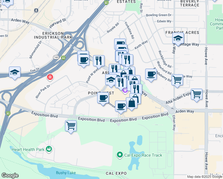 map of restaurants, bars, coffee shops, grocery stores, and more near 1601 Response Road in Sacramento