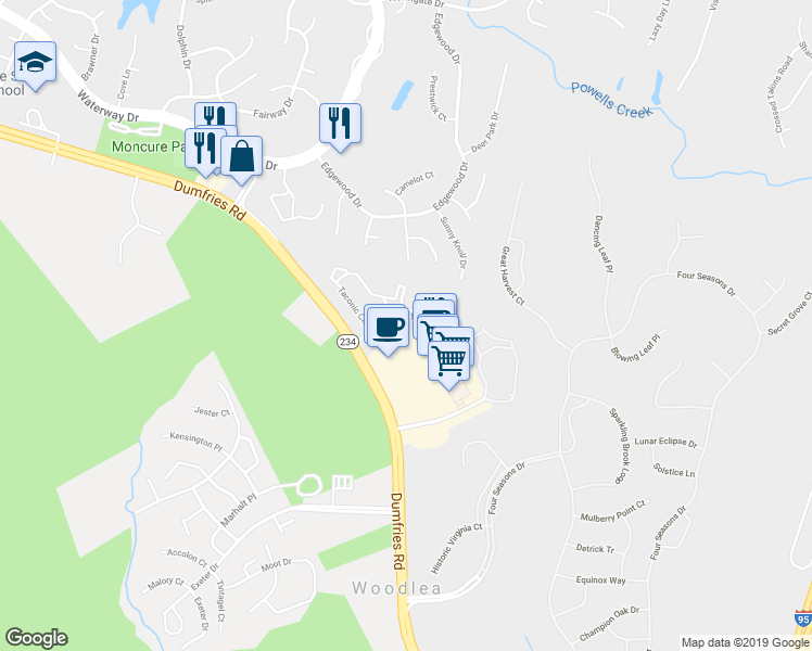 map of restaurants, bars, coffee shops, grocery stores, and more near 4106 Ashmere Circle in Dumfries