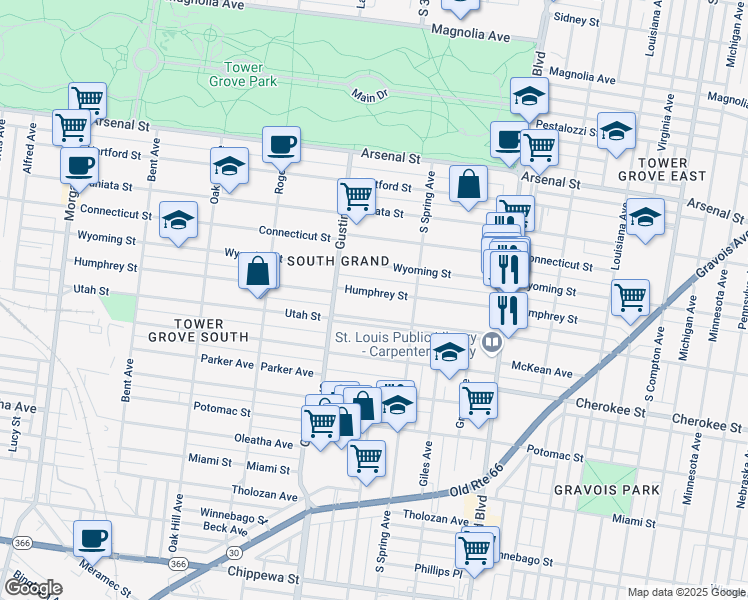 map of restaurants, bars, coffee shops, grocery stores, and more near 3855 North Utah Place in St. Louis