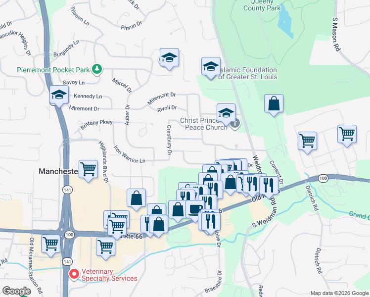 map of restaurants, bars, coffee shops, grocery stores, and more near 1207 Blairshire Drive in Ballwin