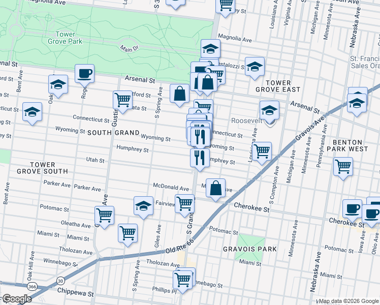 map of restaurants, bars, coffee shops, grocery stores, and more near 3234 South Grand Boulevard in St. Louis