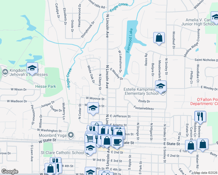 map of restaurants, bars, coffee shops, grocery stores, and more near 111 East Jackson Street in O'Fallon