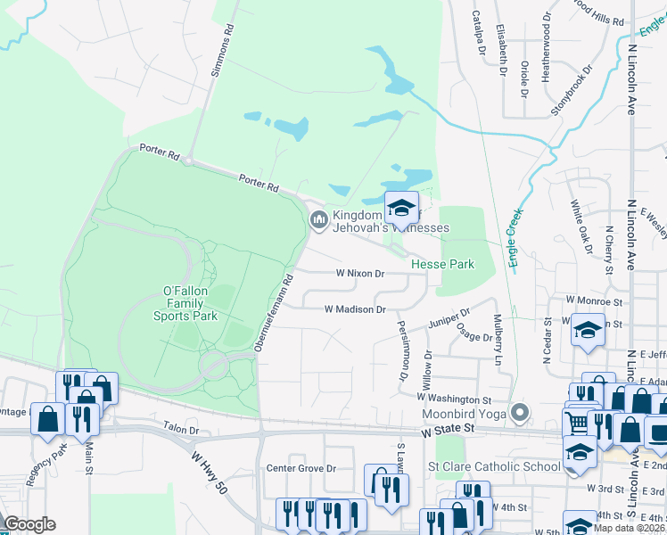 map of restaurants, bars, coffee shops, grocery stores, and more near 703 Westbrook Court in O'Fallon